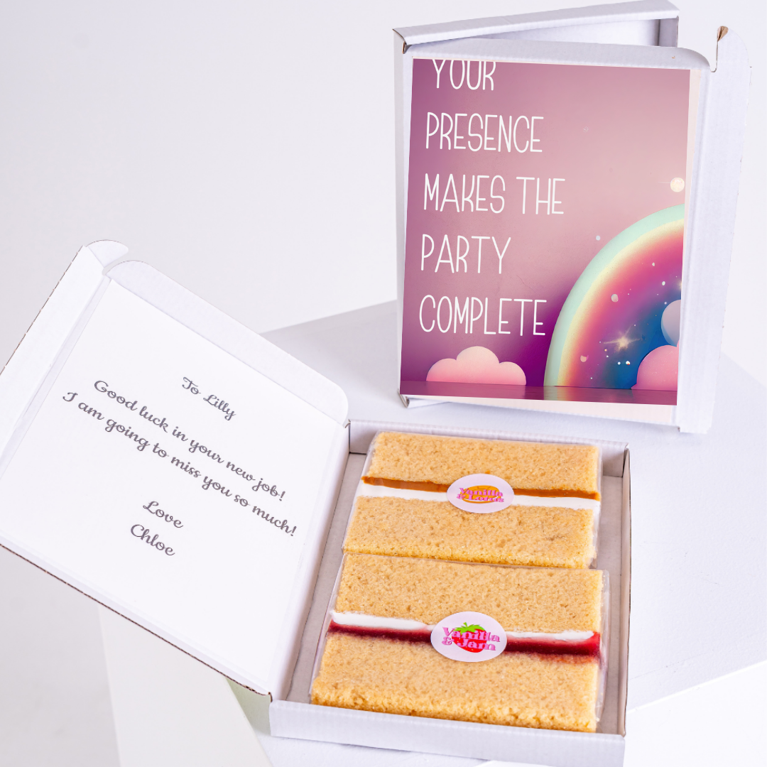 Farewell cake gift for Lilly with Your Presence Makes the Party Complete card.