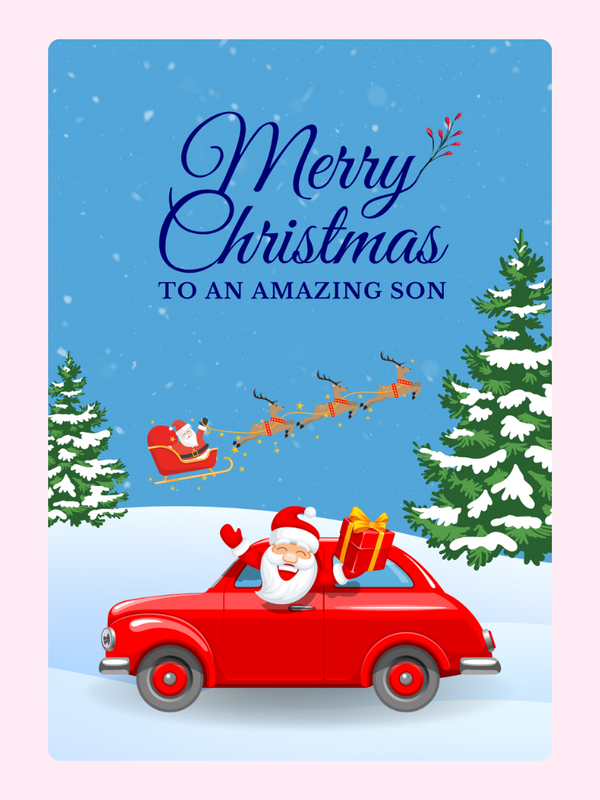 Christmas card for son with Santa in car.
