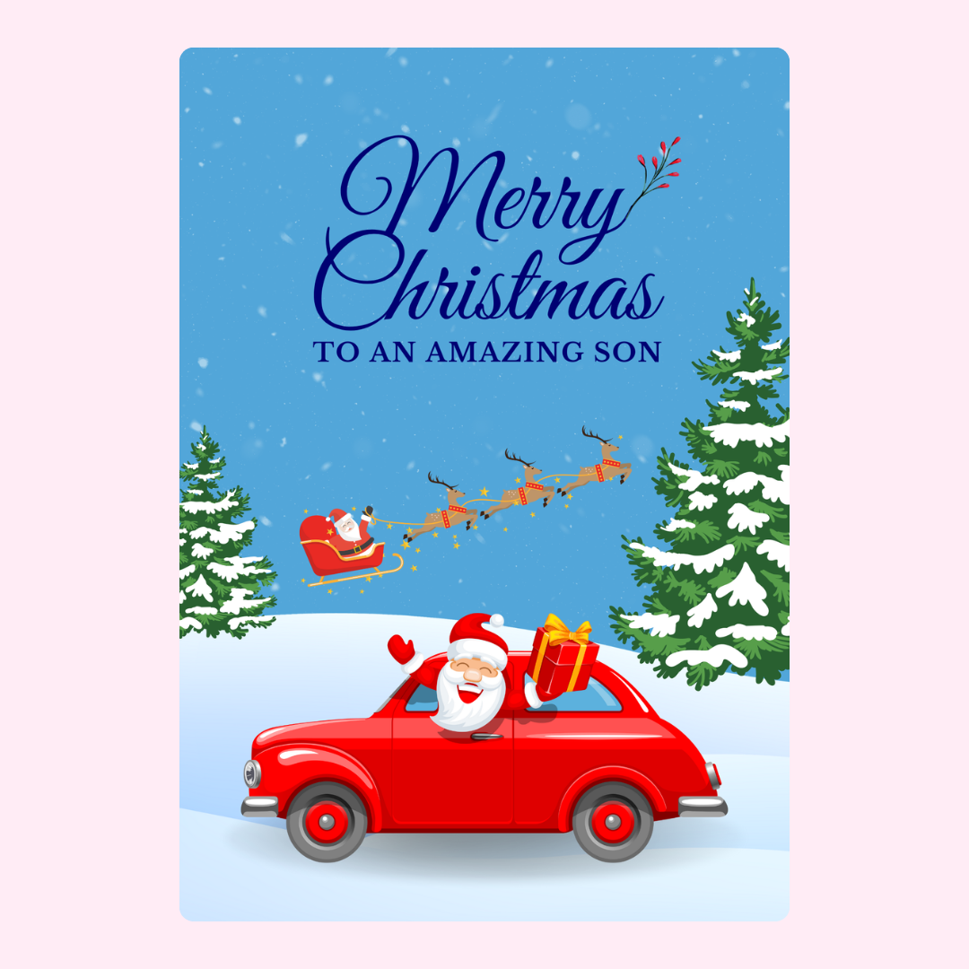 Christmas card for son with Santa in car.