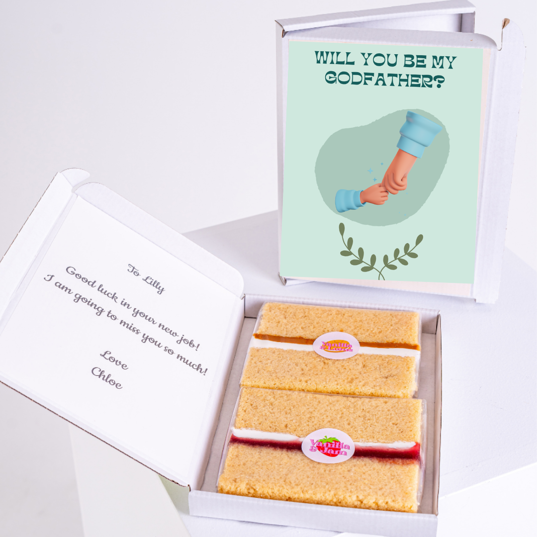 Cake box gift with Will you be my Godfather? card and goodbye message.