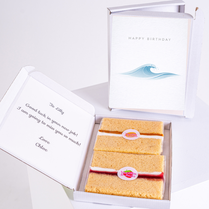 Minimalist birthday card with a soft wave design and the text "Happy Birthday" on a textured background.