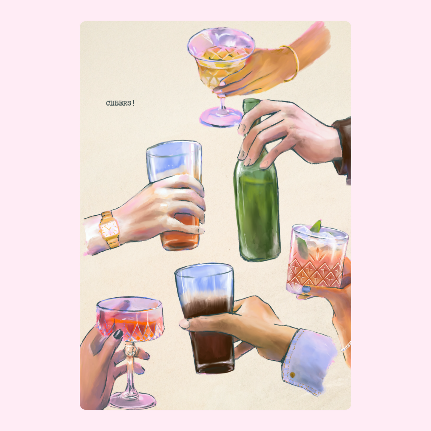 Website illustration of hands holding various cocktails, July 9, 2024