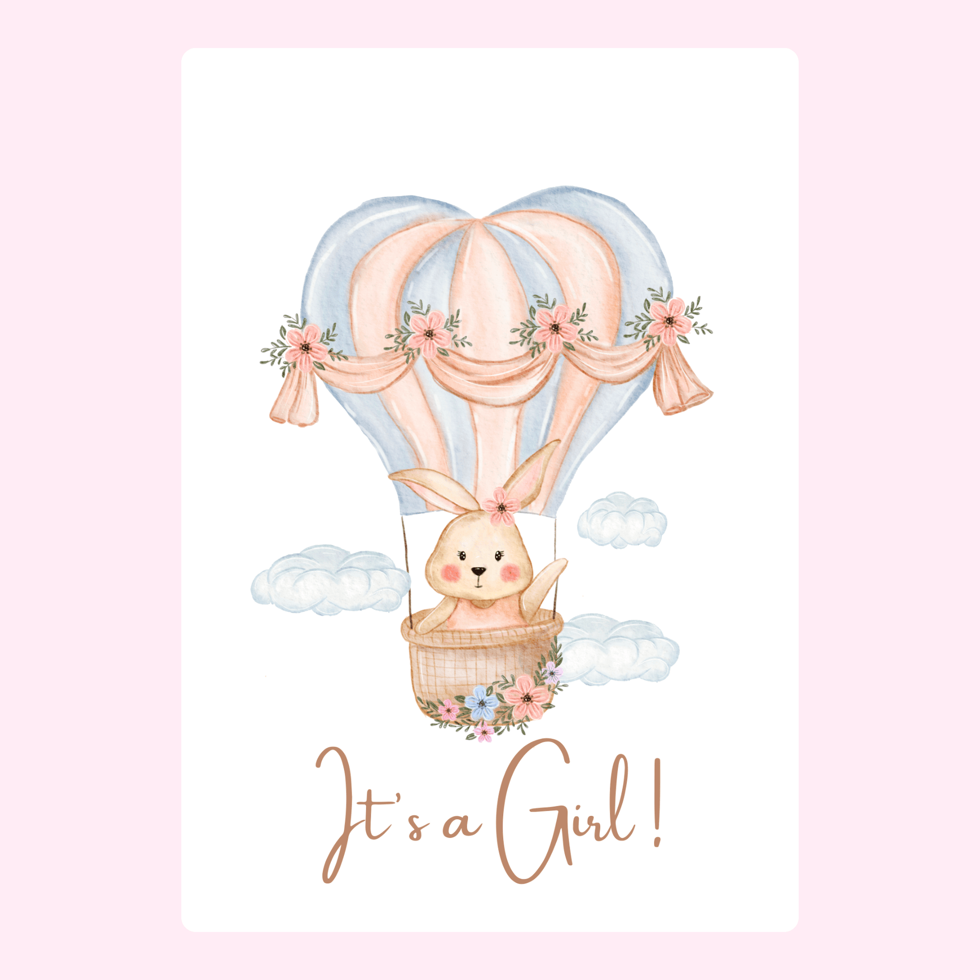 Website - It's a Girl! Baby shower invitation with bunny in hot air balloon.