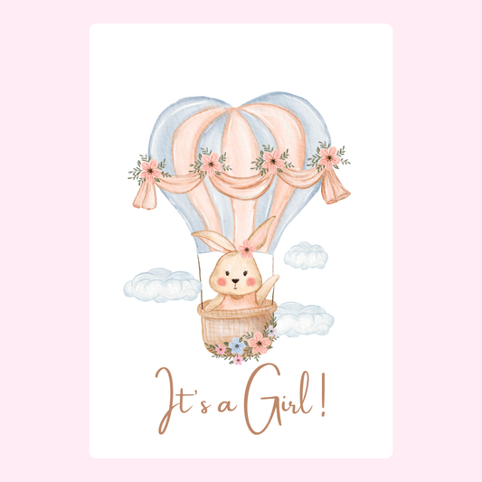 Website - It's a Girl! Baby shower invitation with bunny in hot air balloon.