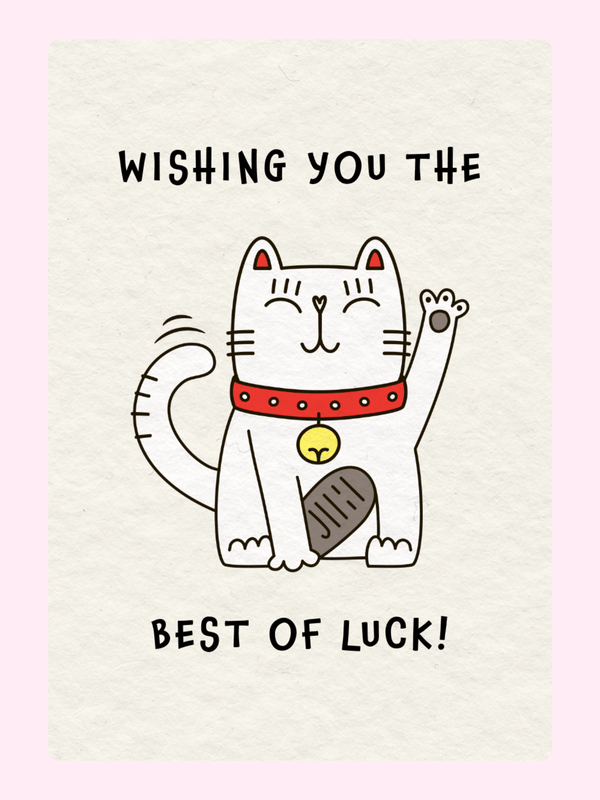 Website wishing you the best of luck with a waving cat.