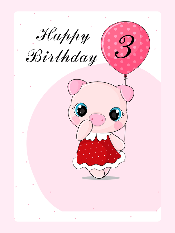 Happy 3rd Birthday card with pig holding balloon