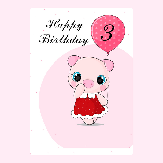 Happy 3rd Birthday card with pig holding balloon