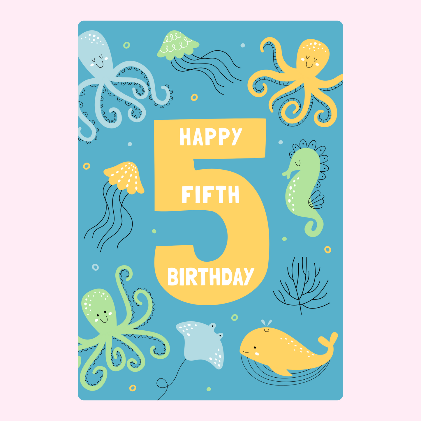 Happy 5th birthday card with sea creatures