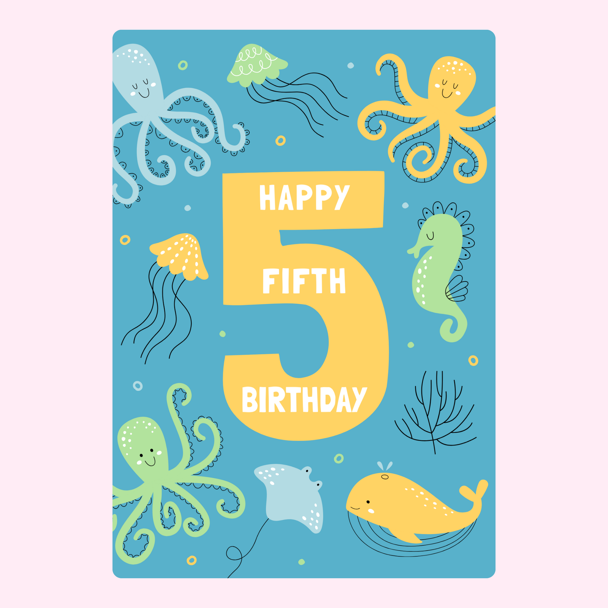 Happy 5th birthday card with sea creatures