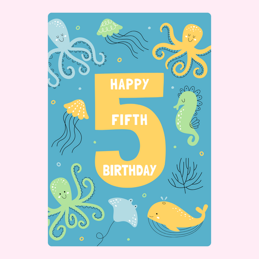 Happy 5th birthday card with sea creatures