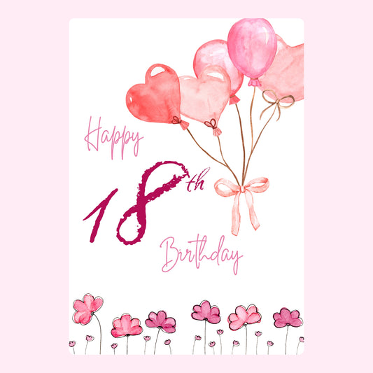 Happy 18th Birthday card with balloons and flowers
