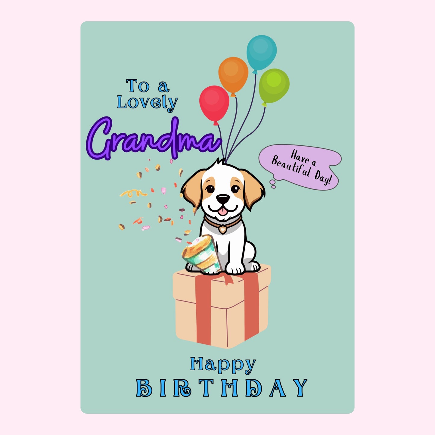 Happy birthday card for Grandma with puppy and balloons