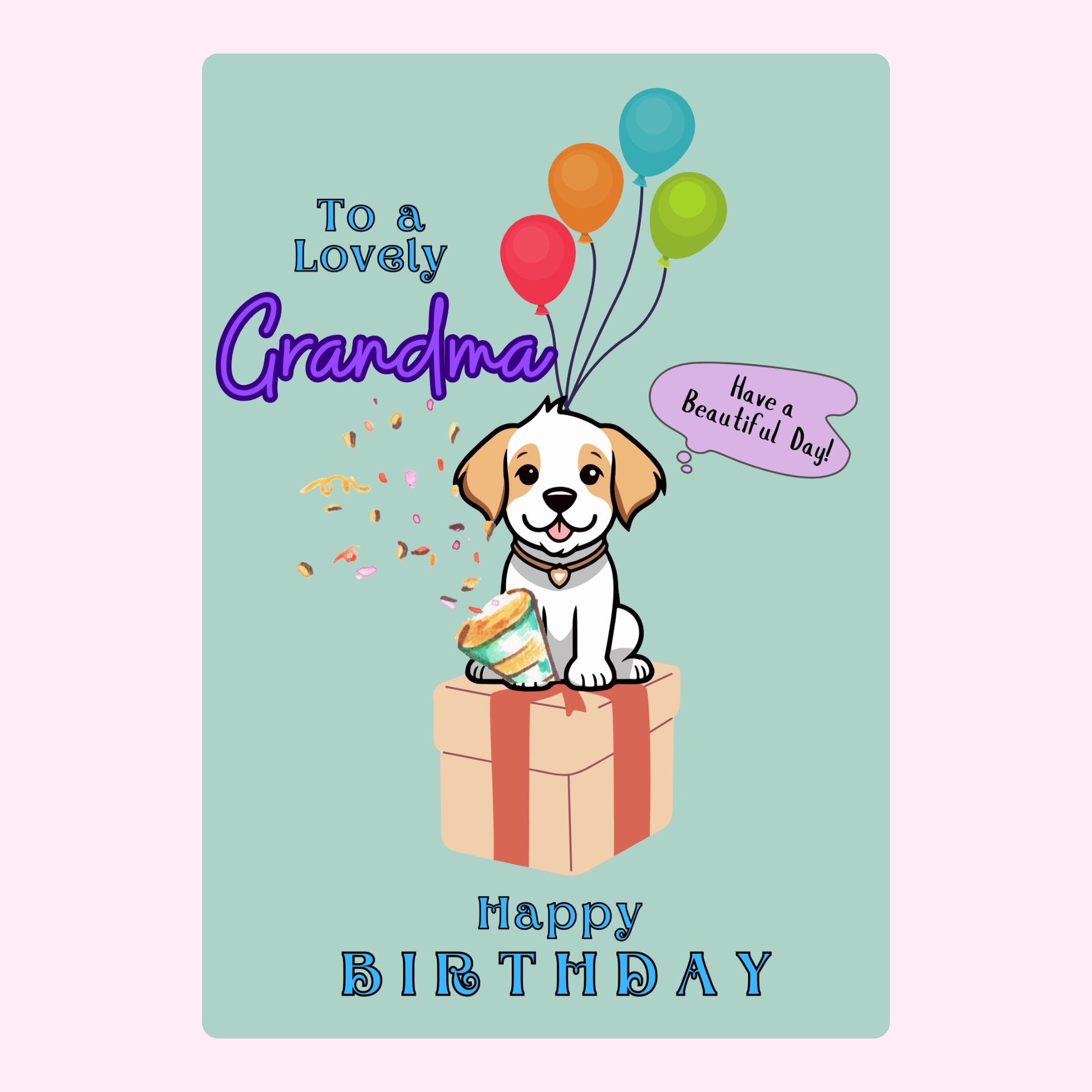 Happy birthday card for Grandma with puppy and balloons