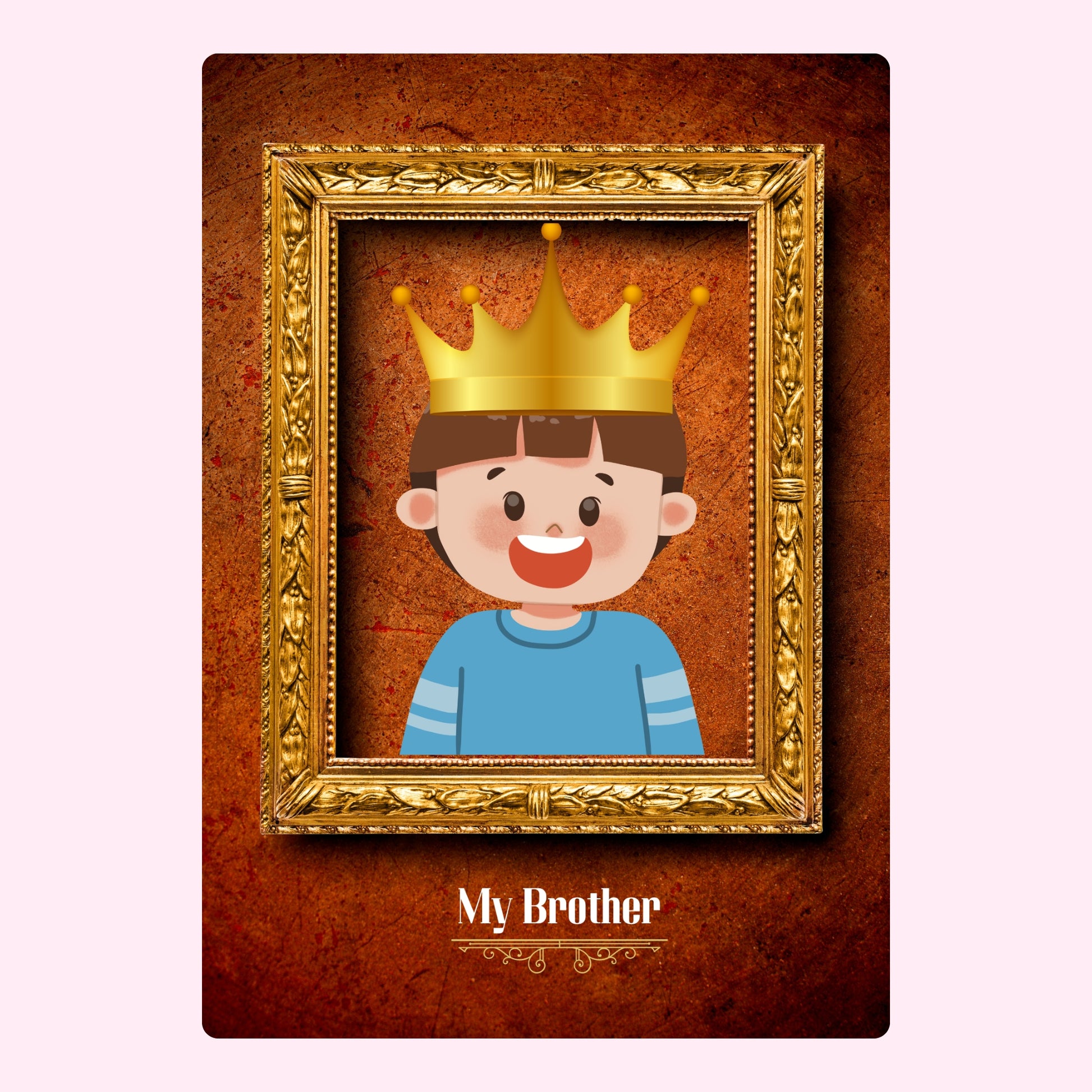 Cartoon portrait of a boy wearing a crown in a golden frame.