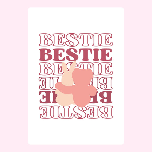 Bestie graphic featuring hugging bunny and bear, August 2024 website image