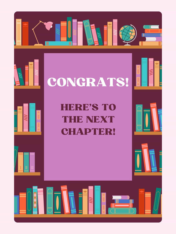Website congrats card with bookshelves, August 29, 2024.