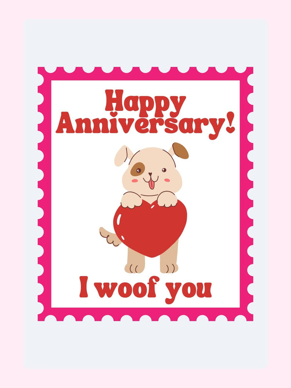 Happy Anniversary card with dog holding heart