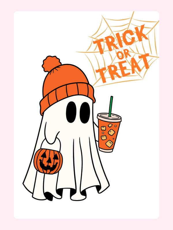 Halloween ghost with pumpkin & drink