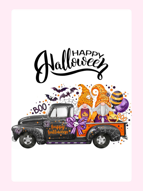 Happy Halloween gnomes in truck illustration
