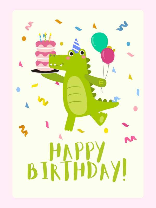 Happy Birthday card with cartoon alligator.