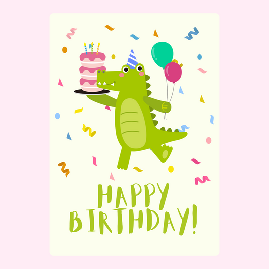 Happy Birthday card with cartoon alligator.