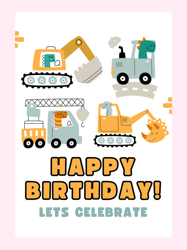Happy Birthday card with construction vehicles