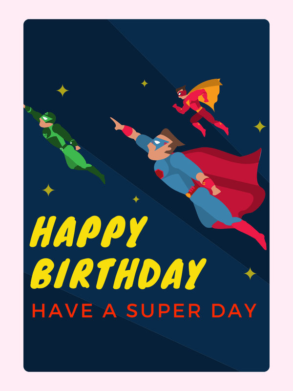 Website birthday card with flying superheroes.