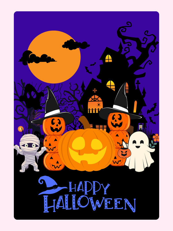 Website Halloween graphic with pumpkins, ghost, and haunted house.