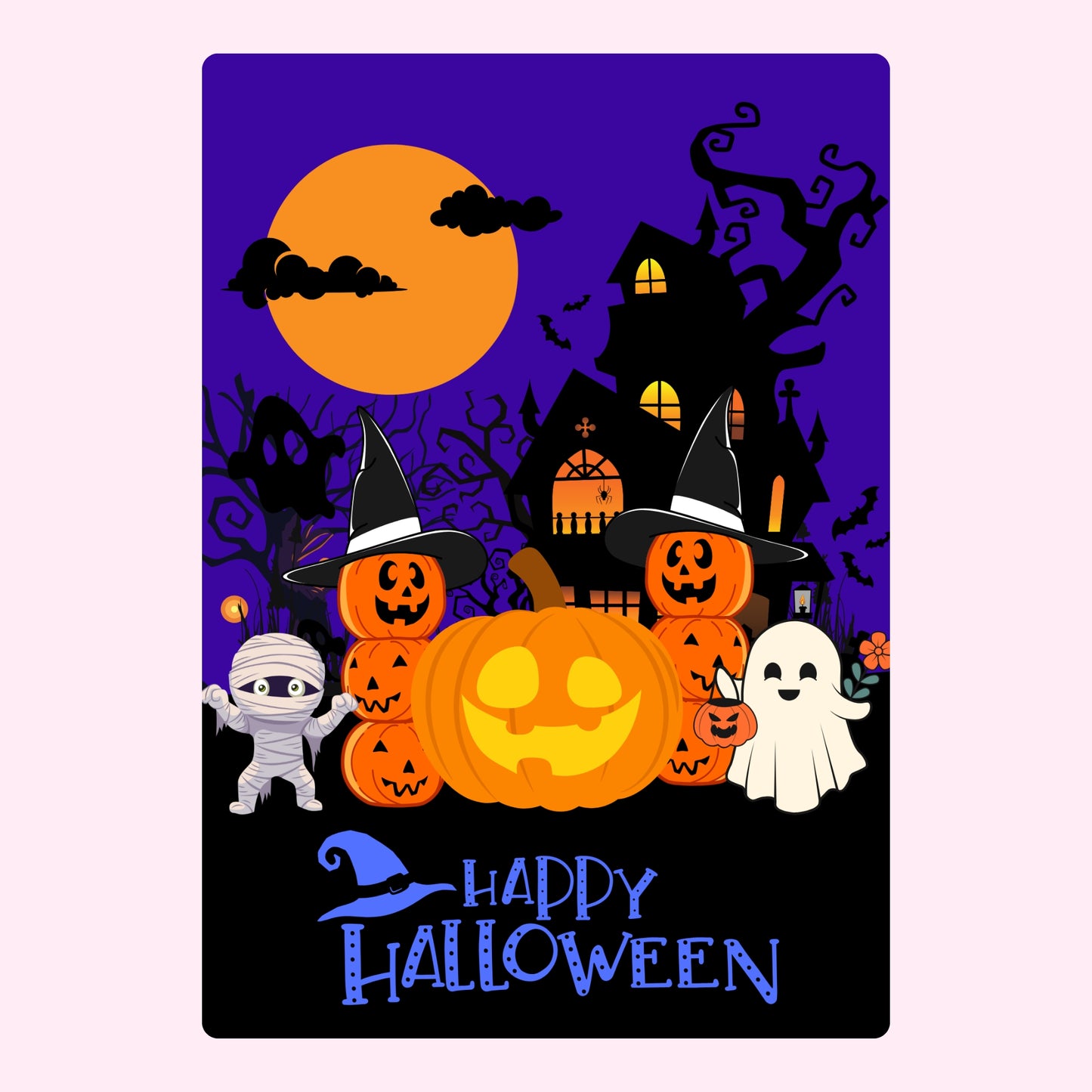 Website Halloween graphic with pumpkins, ghost, and haunted house.
