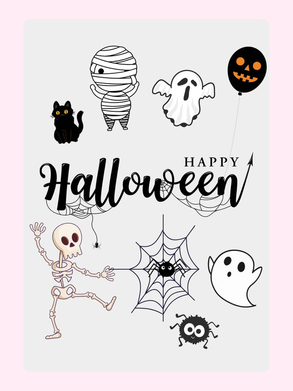 Happy Halloween illustration with mummy, ghost, and more.