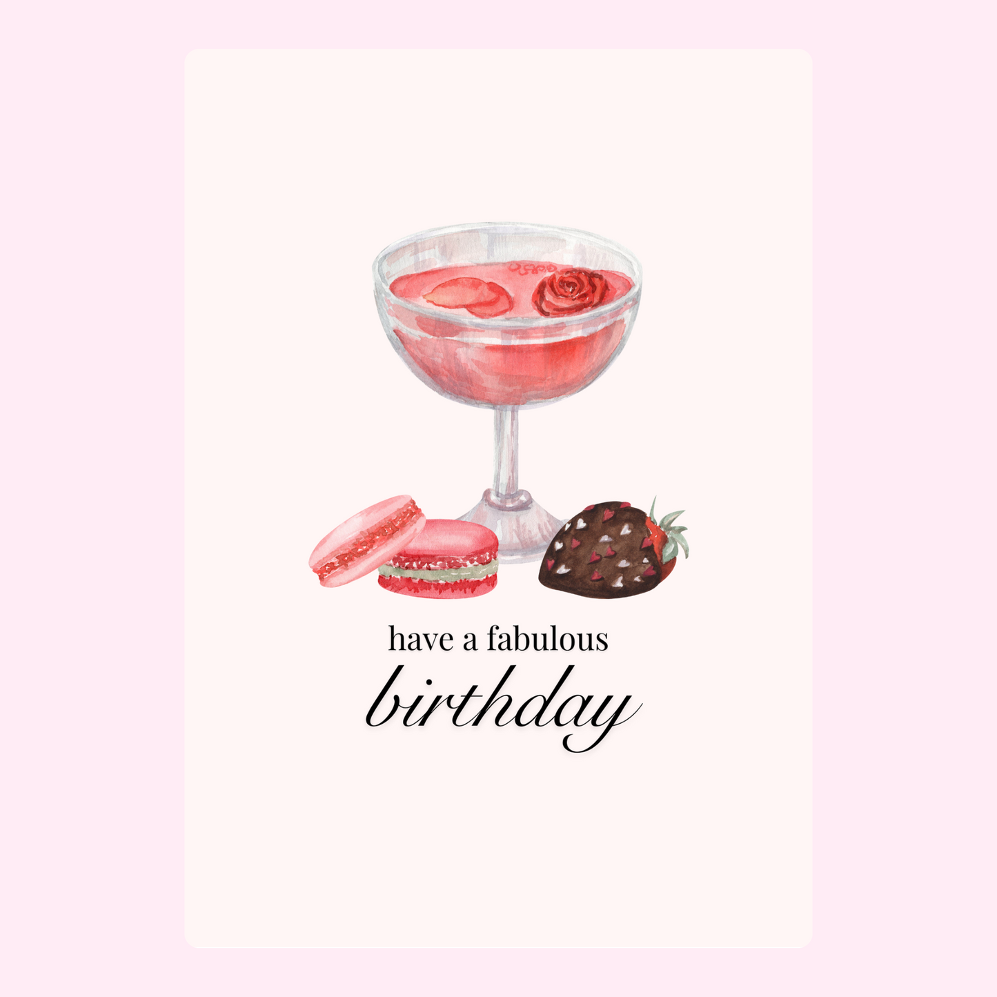 Birthday card with cocktail, macarons, and strawberry