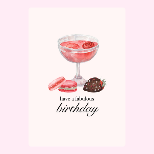 Birthday card with cocktail, macarons, and strawberry