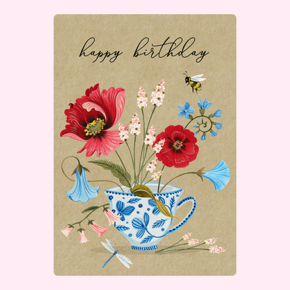 Happy birthday card with floral teacup design.