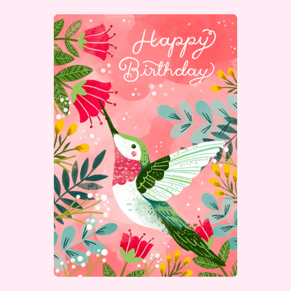 Happy Birthday card with hummingbird and flowers