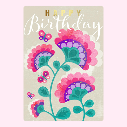 Happy Birthday card with flowers & butterflies