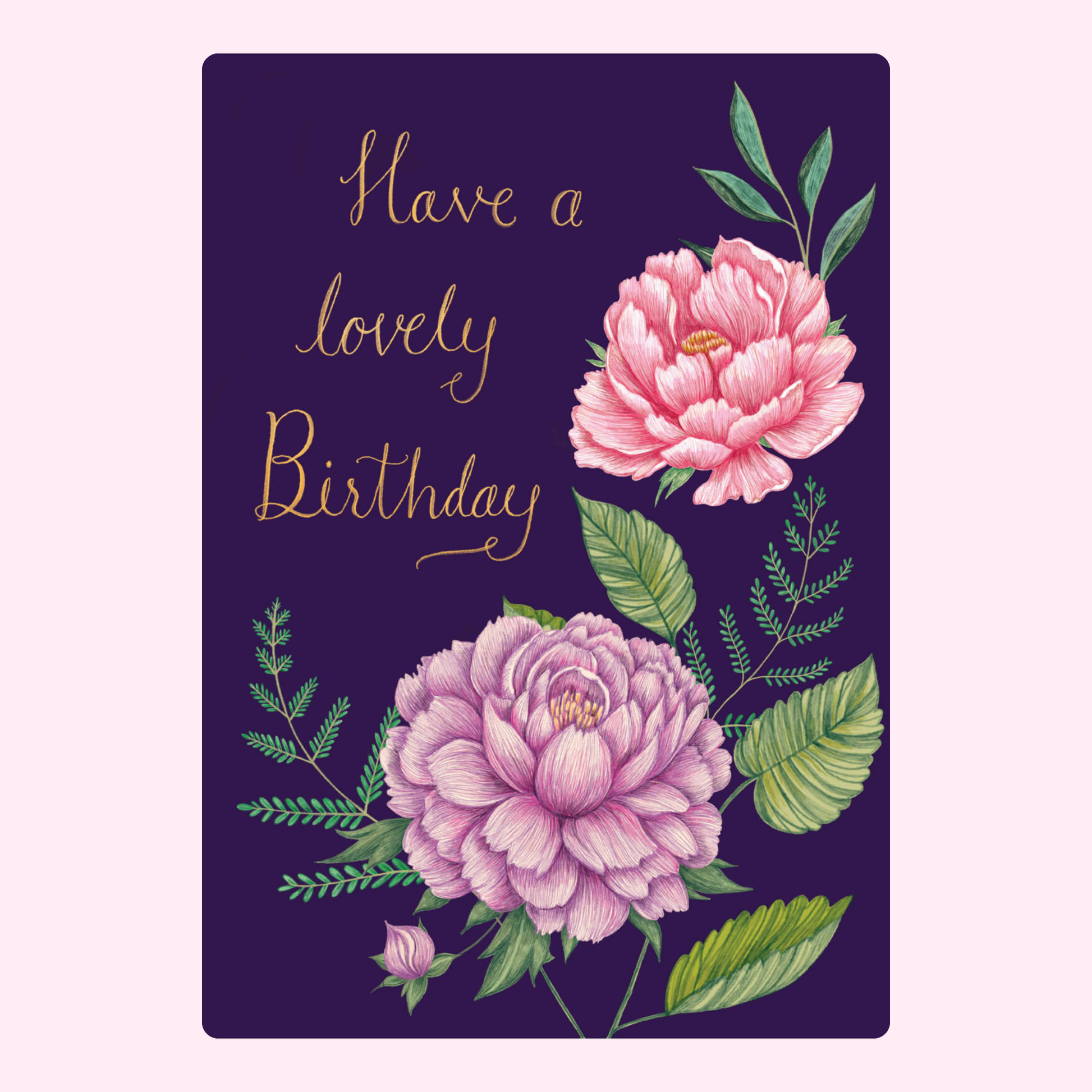 Birthday card with pink peony flowers.