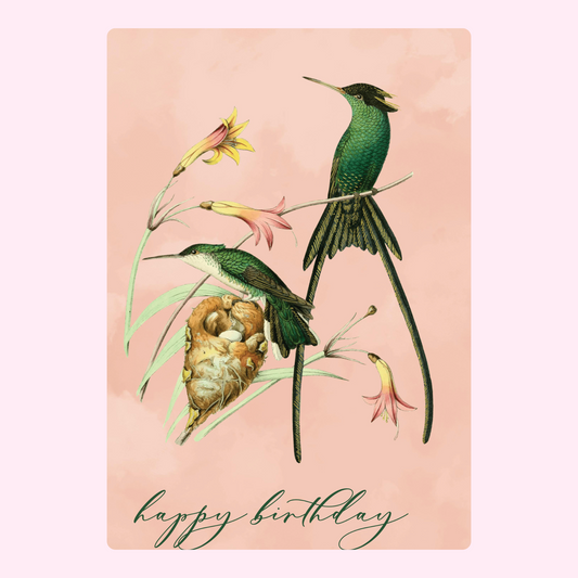 Happy Birthday card with hummingbirds and flowers