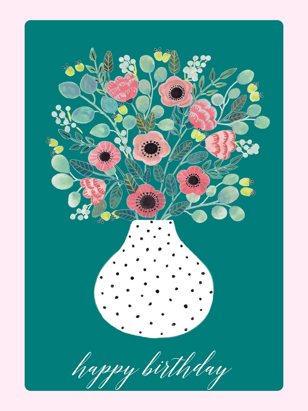 Teal Birthday Bouquet Vase Cake Card
