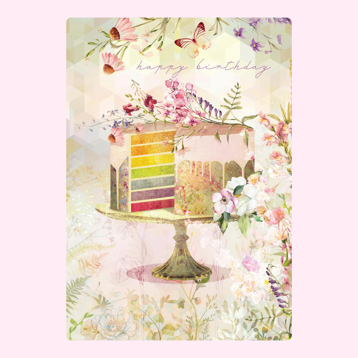 Happy Birthday card with rainbow cake and flowers