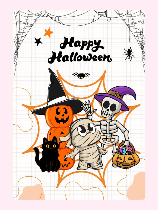 Website Halloween card with pumpkins, skeleton, and mummy
