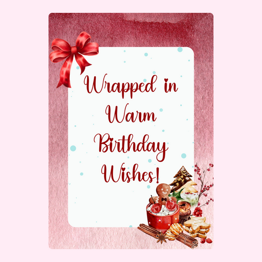 Winter birthday wishes card with a bow and treats