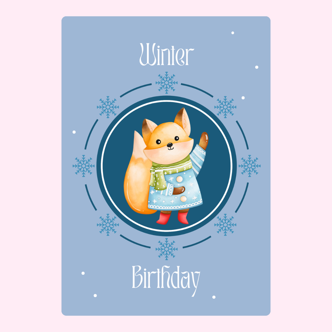 Winter birthday card with cute fox illustration