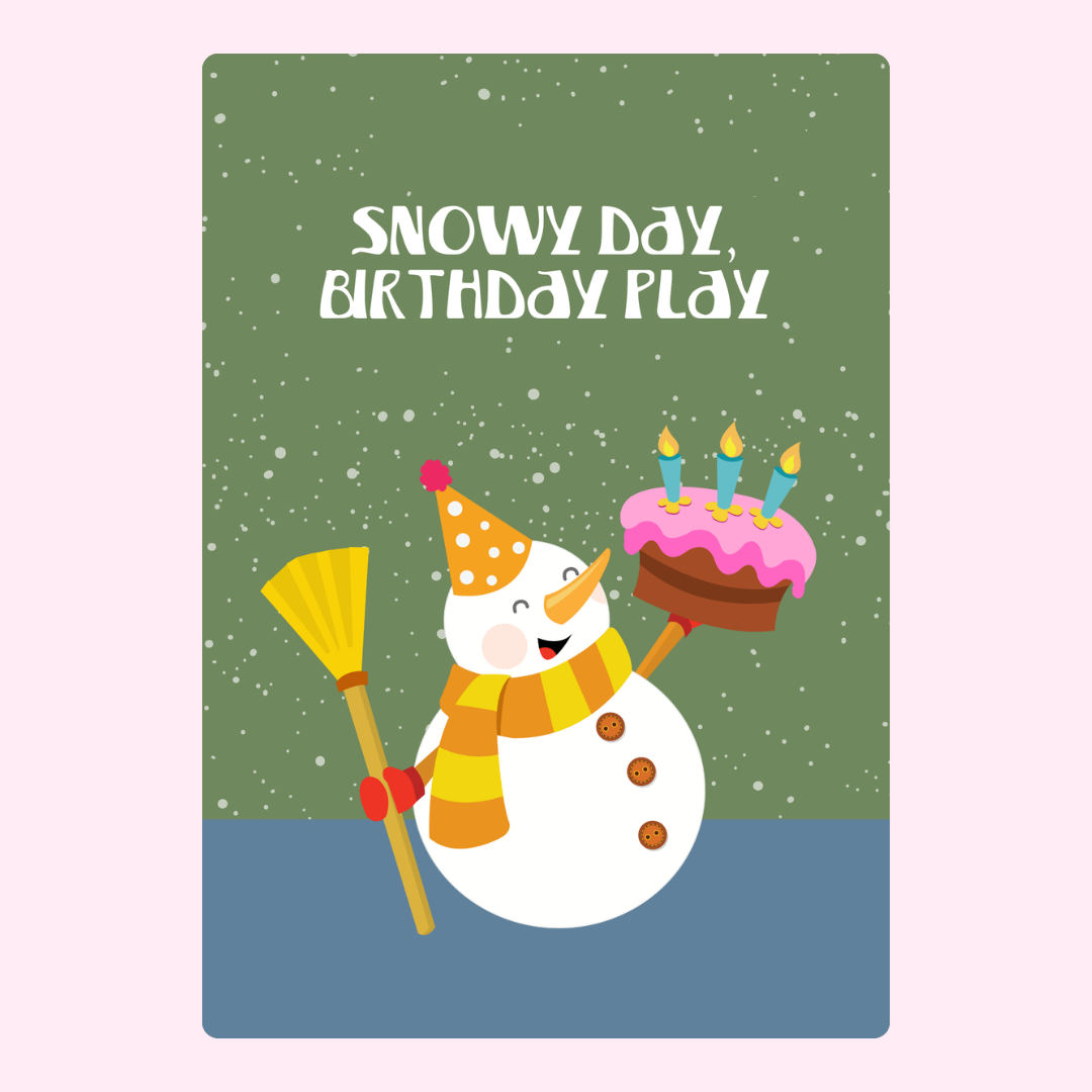 Snowy snowman with cake and broom
