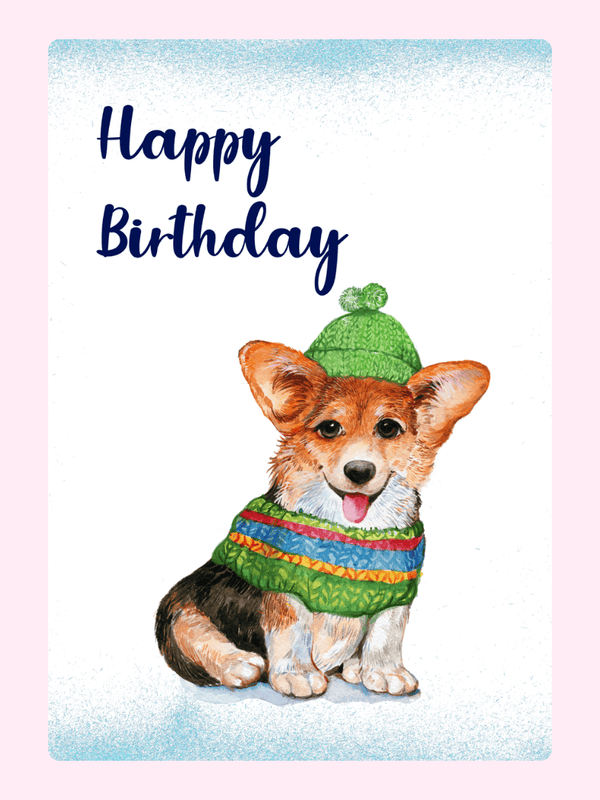 Winter birthday card featuring a Corgi in a hat.
