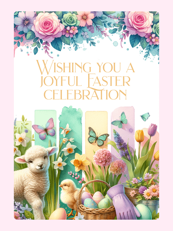 Easter card with a rabbit, lamb, chick, colorful eggs, and flowers.