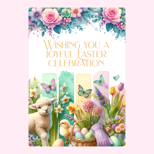 Easter card with a rabbit, lamb, chick, colorful eggs, and flowers.