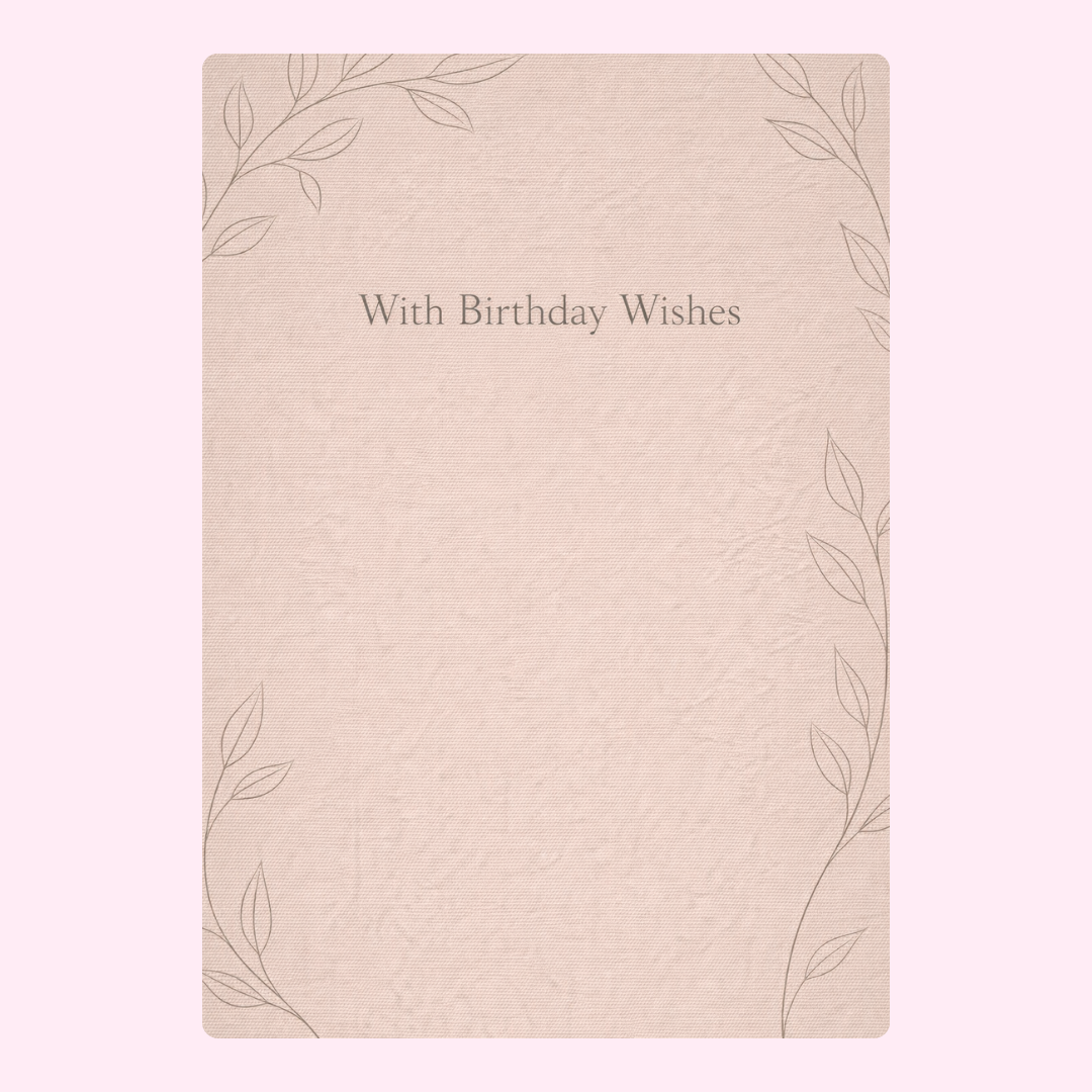 Simple minimalist birthday card with a soft beige background and subtle leaf illustrations at the corners, featuring the text "With Birthday Wishes" in elegant font at the center.