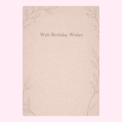 Simple minimalist birthday card with a soft beige background and subtle leaf illustrations at the corners, featuring the text "With Birthday Wishes" in elegant font at the center.