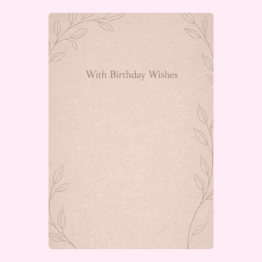 Simple minimalist birthday card with a soft beige background and subtle leaf illustrations at the corners, featuring the text "With Birthday Wishes" in elegant font at the center.