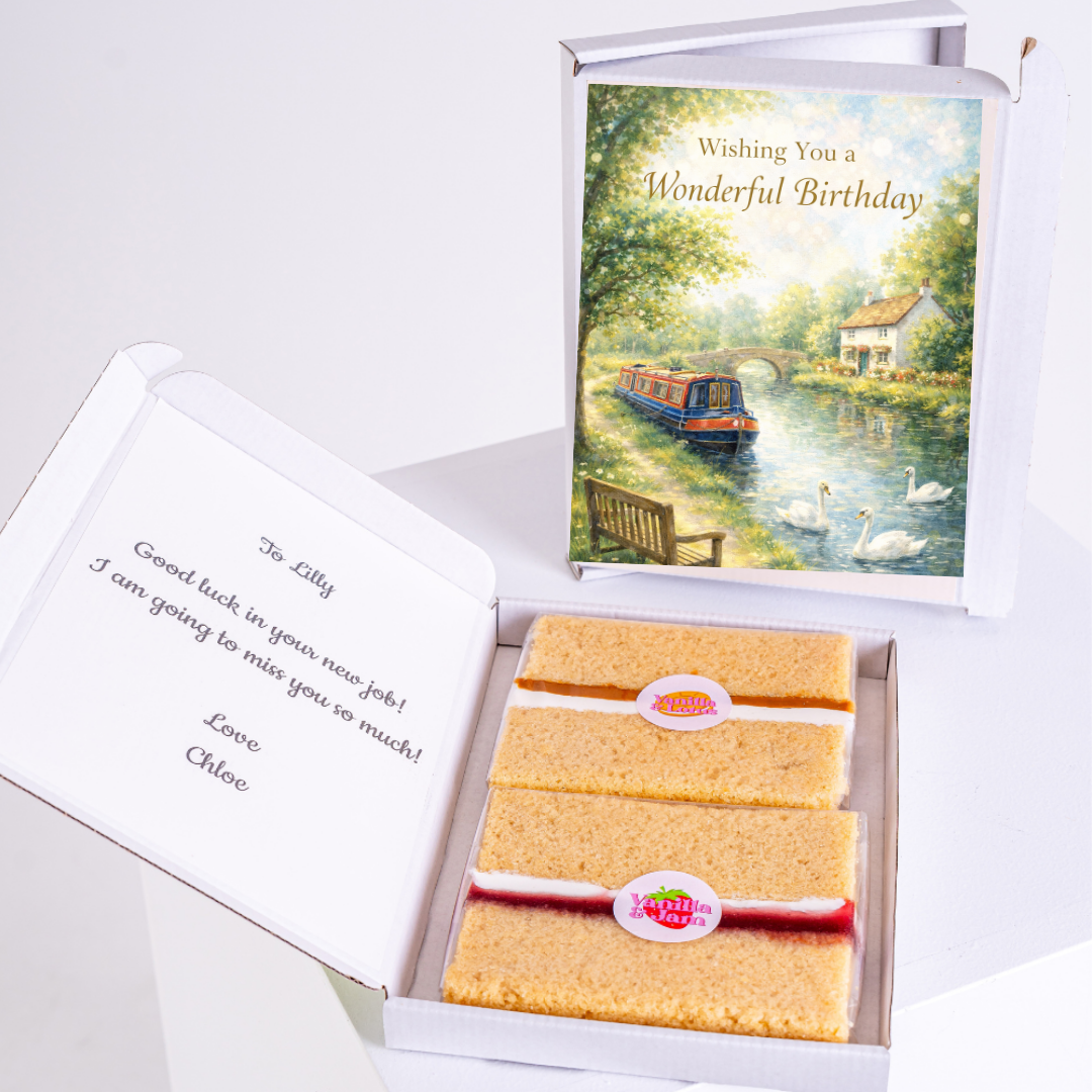 A peaceful birthday card featuring a serene canal scene with a narrowboat, swans, and a quaint cottage.